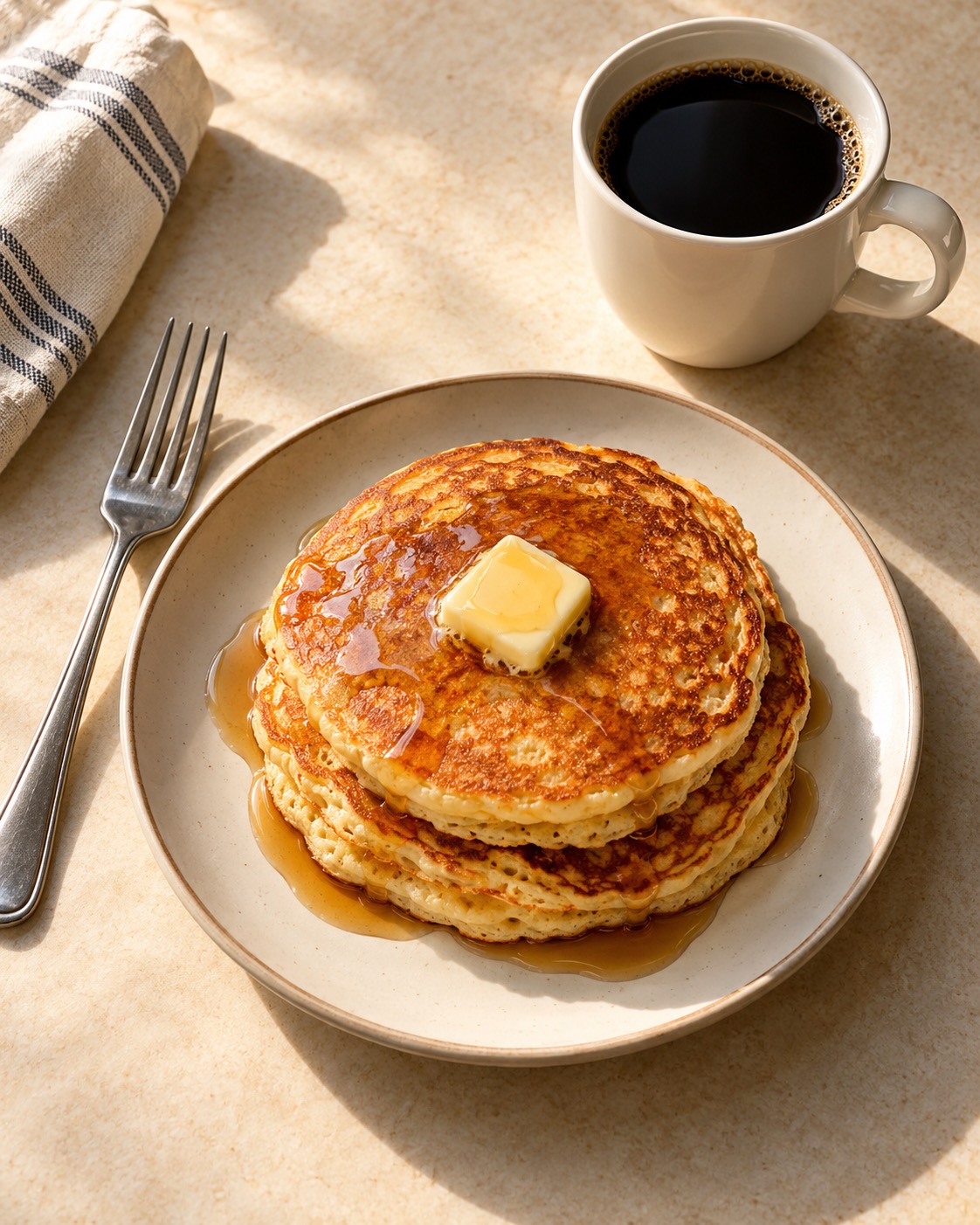 Illustrative breakfast still life of pancakes and coffee, not actual Mae’s Place food